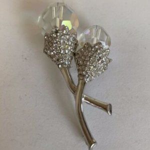 Hattie Carnegie Silver Double Flower Clear Crystal Brooch Pin
